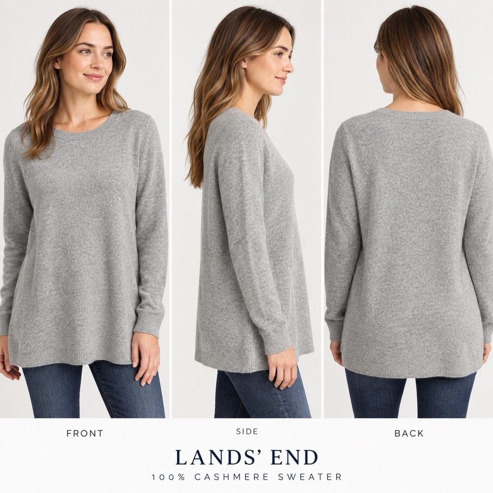 Lands End 100% Cashmere Sweater Grey Long Sleeve Crew Neck Tunic L/T